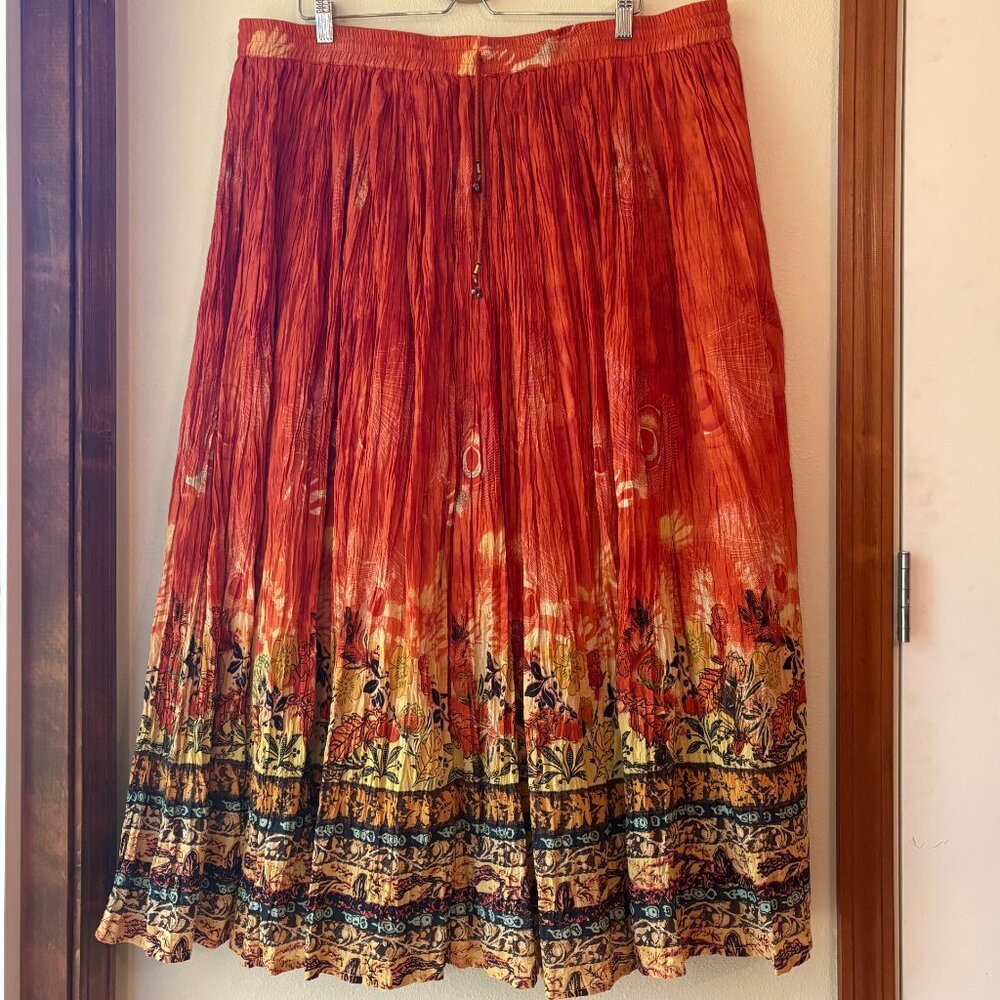EUC Take Two Bohemian Maxi Skirt Orange Floral 100% Cotton Crinkle Size 2 Flowy - Picture 3 of 8